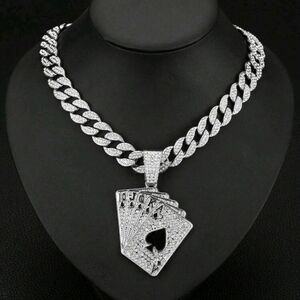 Hip Hop Iced Out Fully Rhinestone Silver Card Pendant & Cuban Chain Necklace 20"